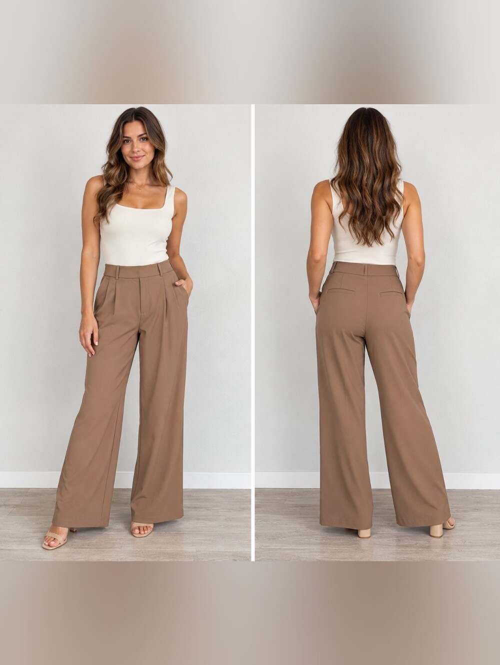 Halara M Brown High Rise Pleated Wide Leg Trousers Work Pants NWOT